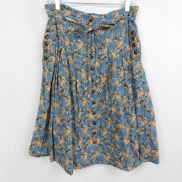 ModCloth Tropical Button Front Skirt Size 10 Blue Floral Below Knee Midi Pockets - Picture 1 of 8